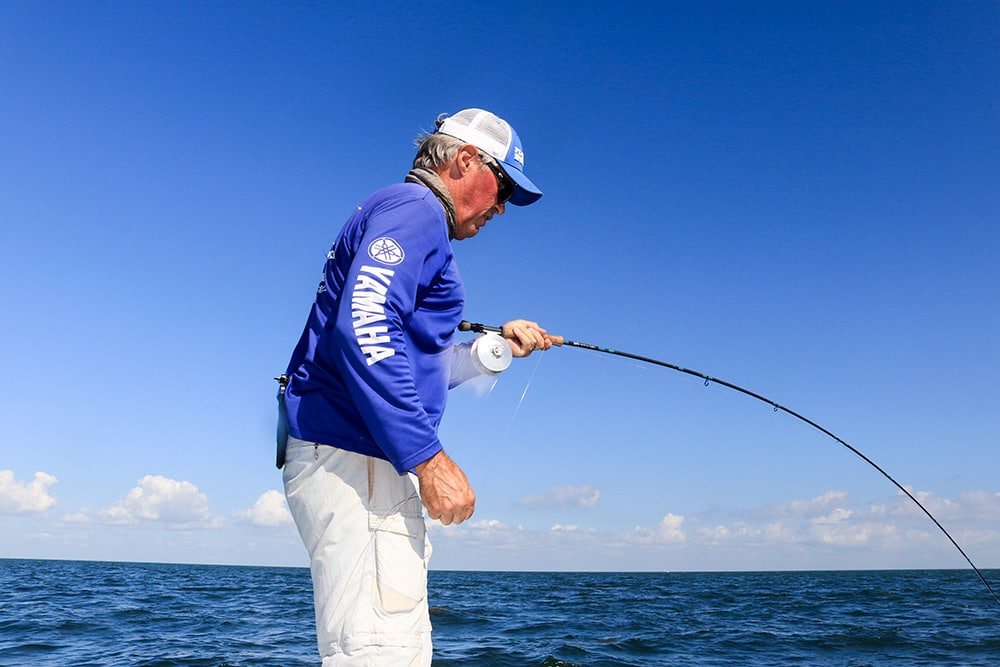 Mike Conner battling a husky Spanish mackerel on fly gear.