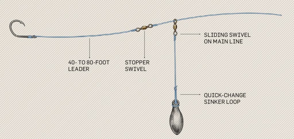 This rig builds on a basic one and allows line to move freely when the bait is picked up