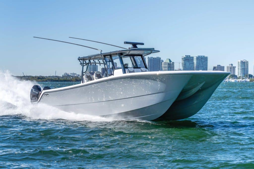 The Invincible 46 Catamaran running near the beach