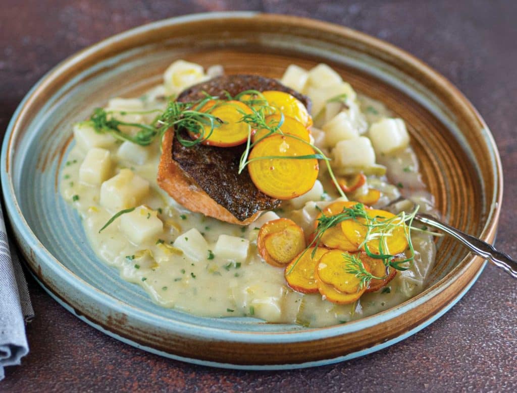 Pan-roasted Arctic char with potato-leek chowder and beet salad