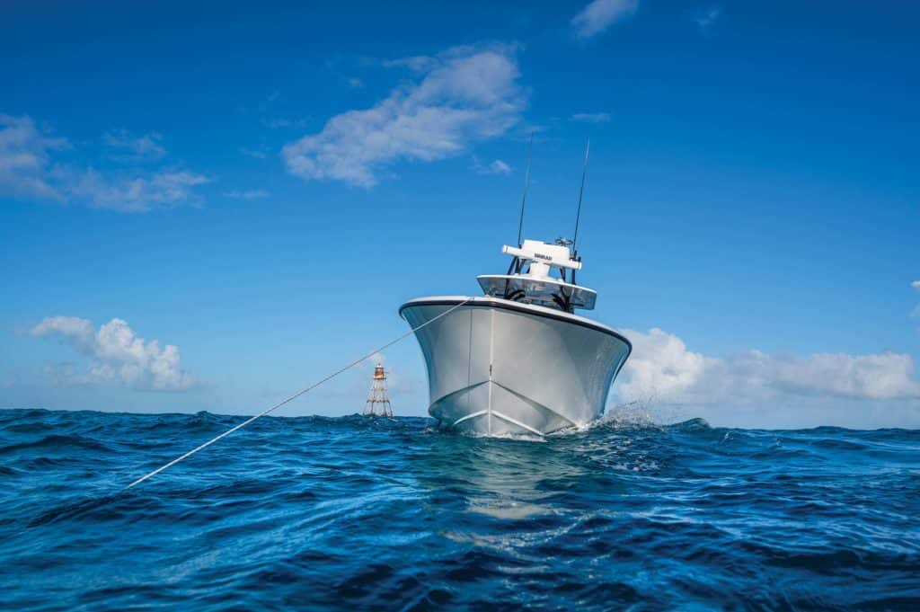 Boat anchored with a long rode scope