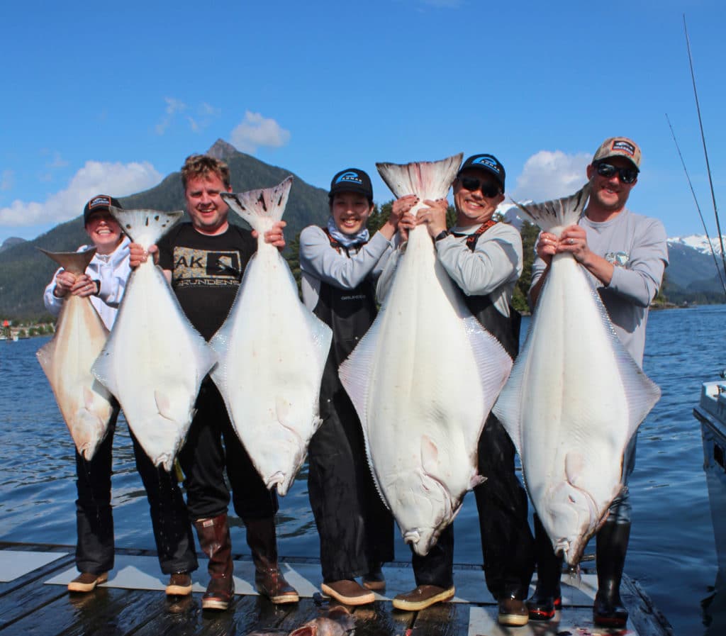 Anglers holding multiple halibut