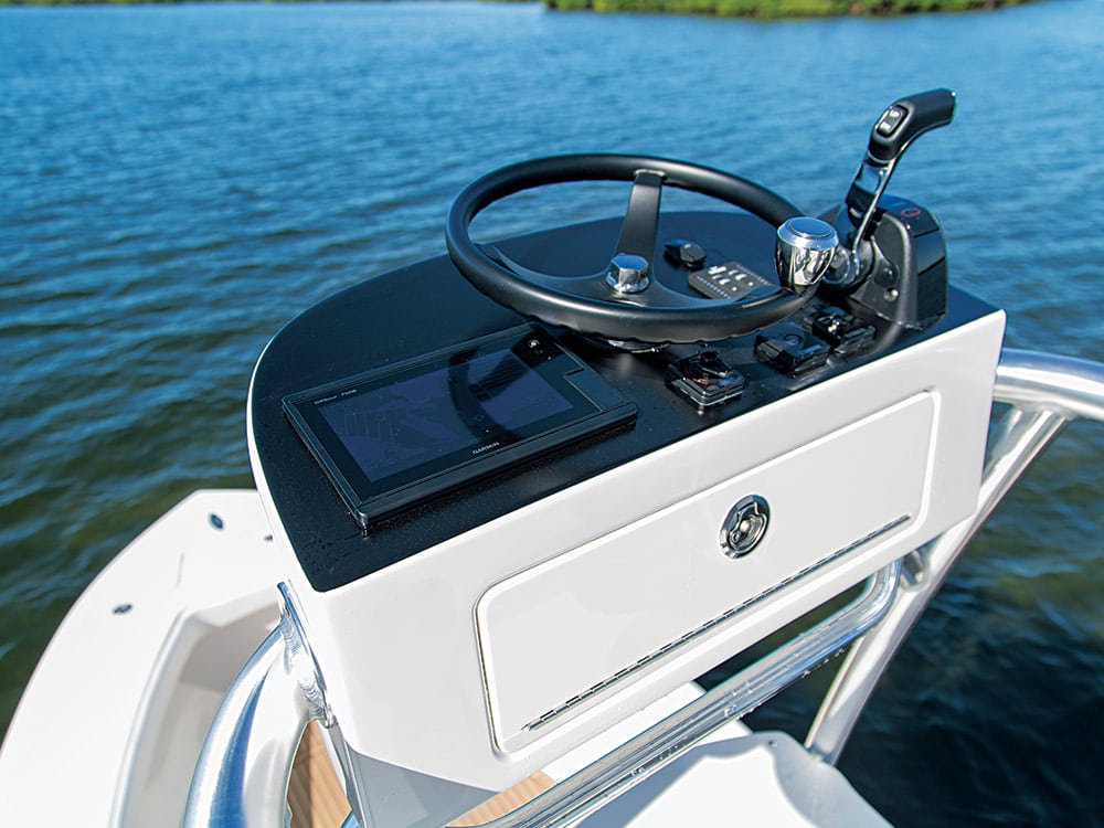 elevated electronics helm for fishing boat