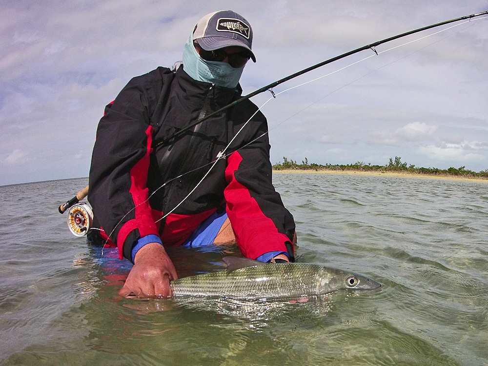 Alex Suescun ready to release a bonefish in the Abaco Marls.