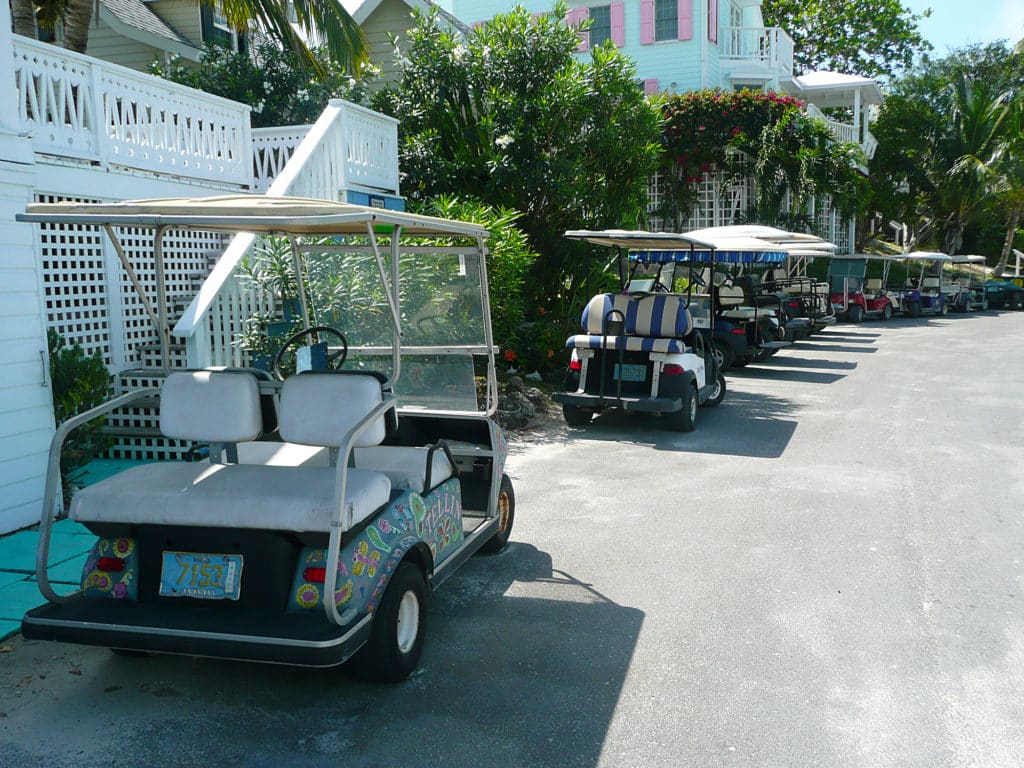 Golf carts are a popular form of transportation in Elbow Cay and other Bahamian islands.