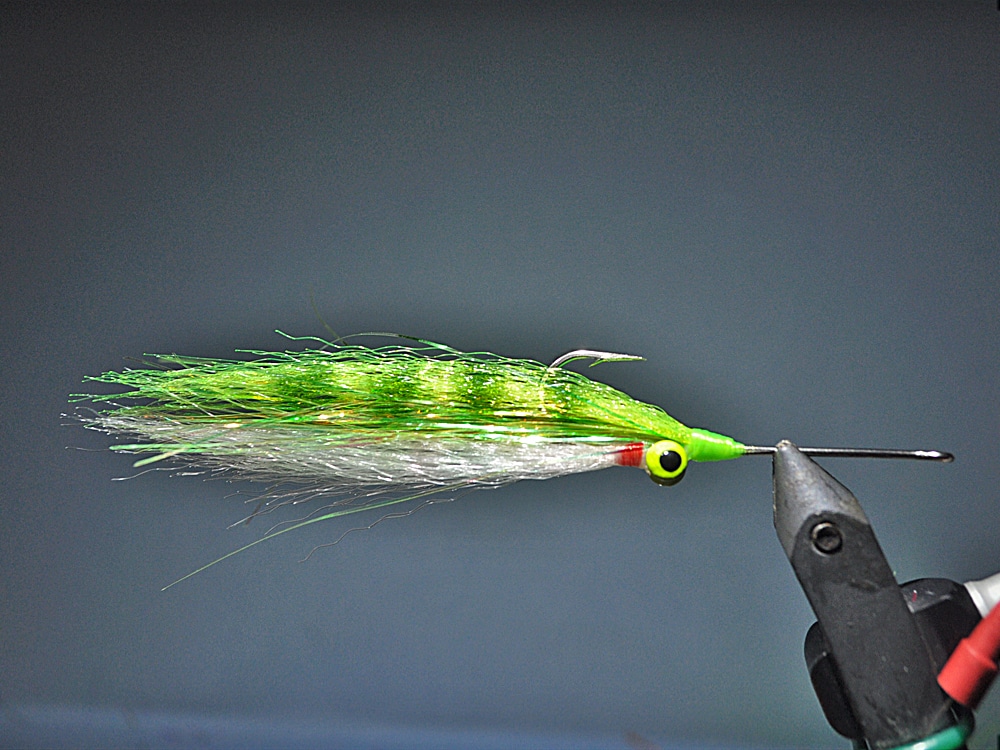 Clouser Minnow fly tied on a long-shank hook