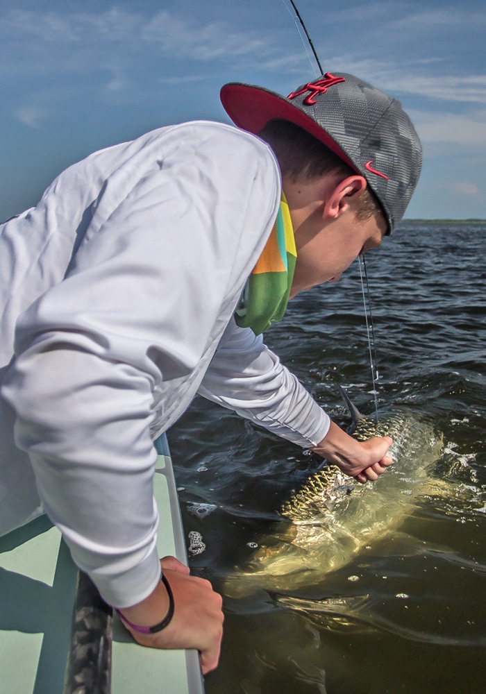 Tarpon at the boat on fly