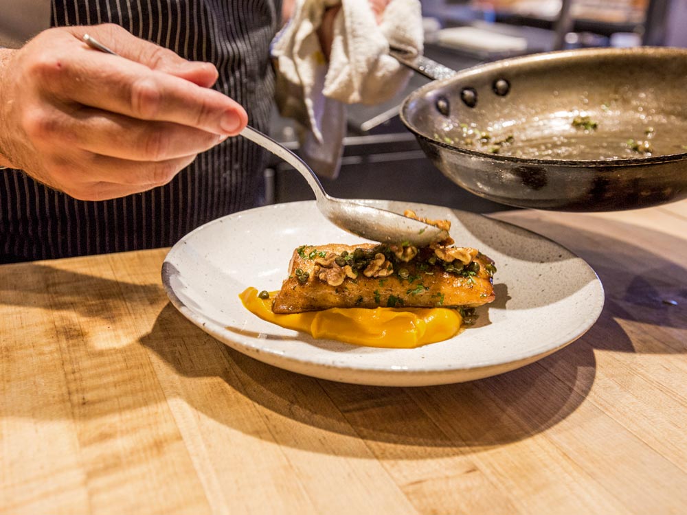 Pan-roasted cobia with sweet potato and maple syrup puree recipe