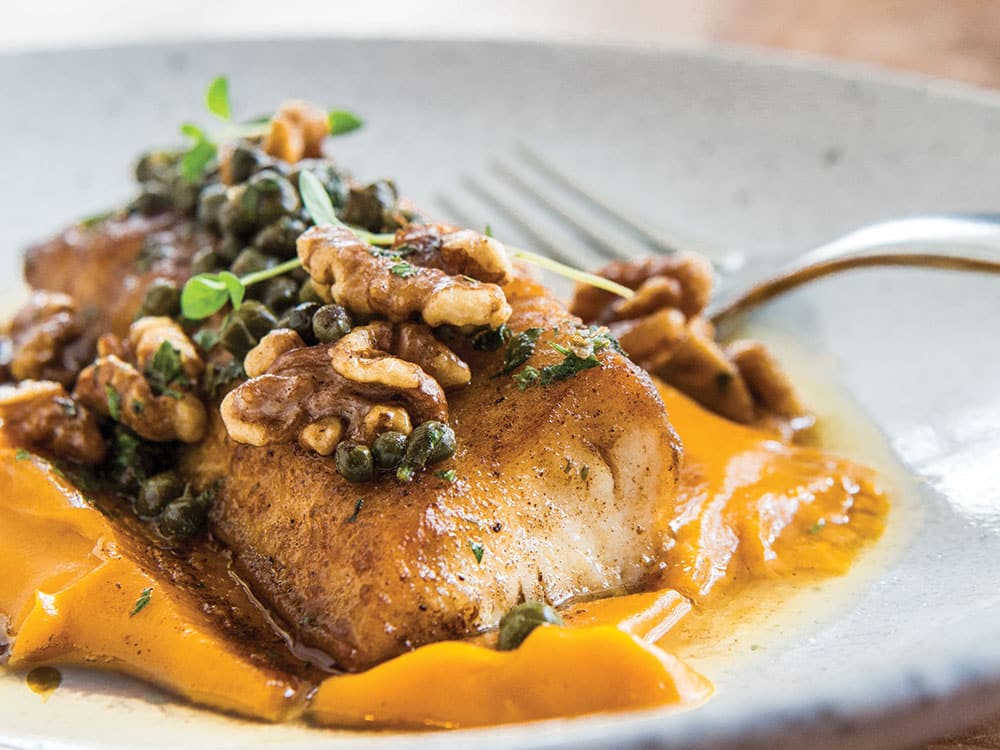 Pan-roasted cobia with sweet potato and maple syrup puree recipe
