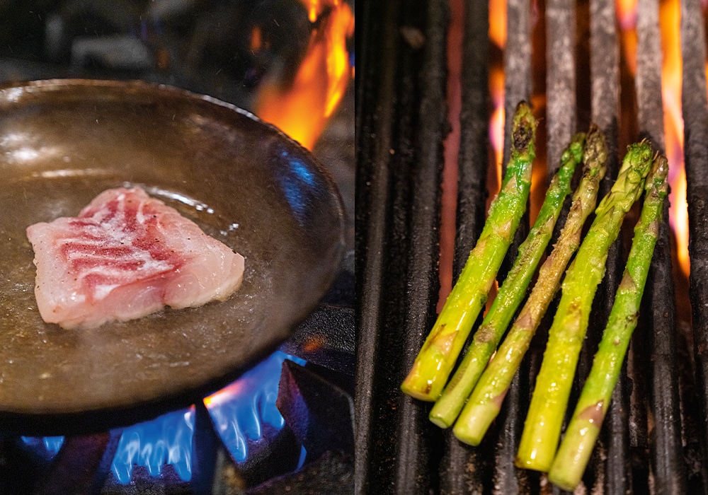Grilling the striped bass and asparagus