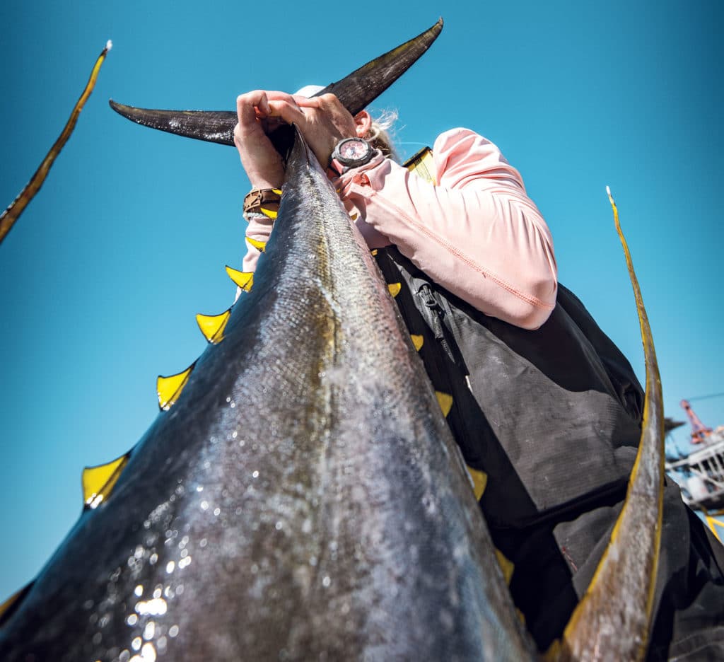 Big yellowfin tuna held up by the tail