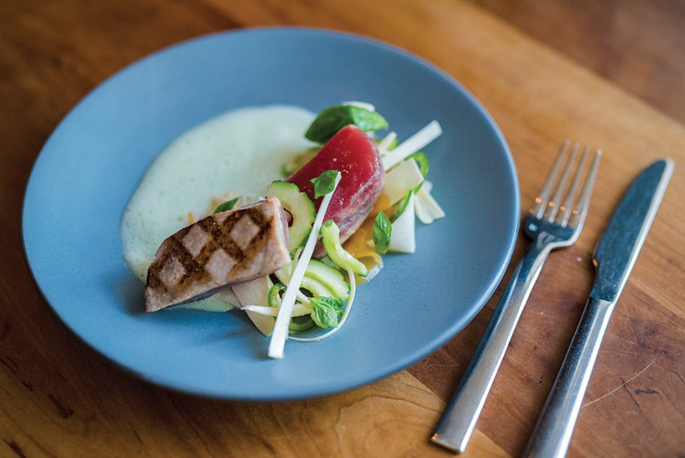 Yellowfin Tuna with Hearts of Palm Slaw and Jalapeño-Cucumber Gazpacho Recipe