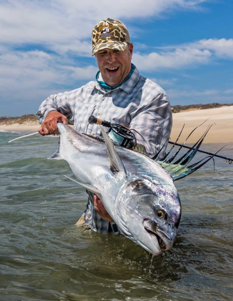 Large roosterfish held up for the camera