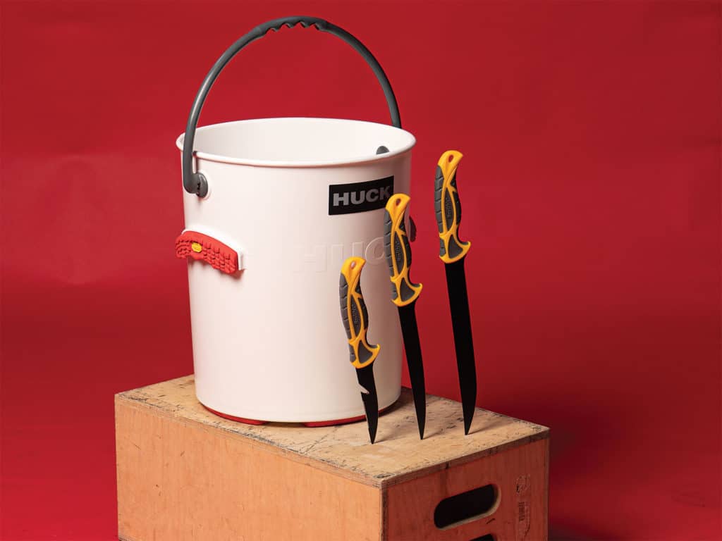 Bucket and knives for fishing
