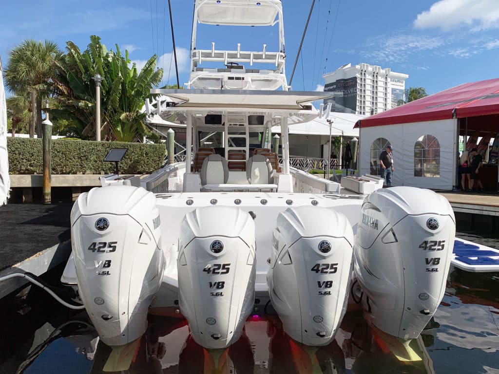 center console fishing boat with four outboard engines