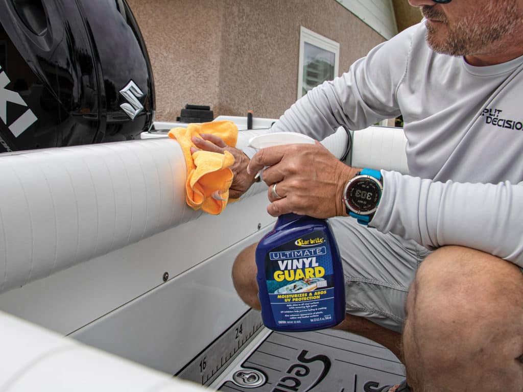 Boater cleaning upholstery