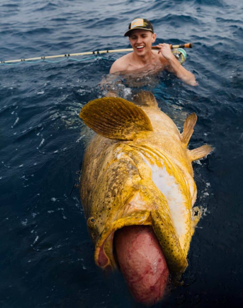 Christian Graham in water with goliath grouper