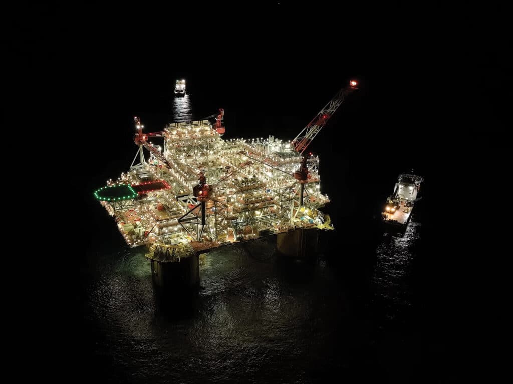Oil rig in the Gulf of Mexico at night