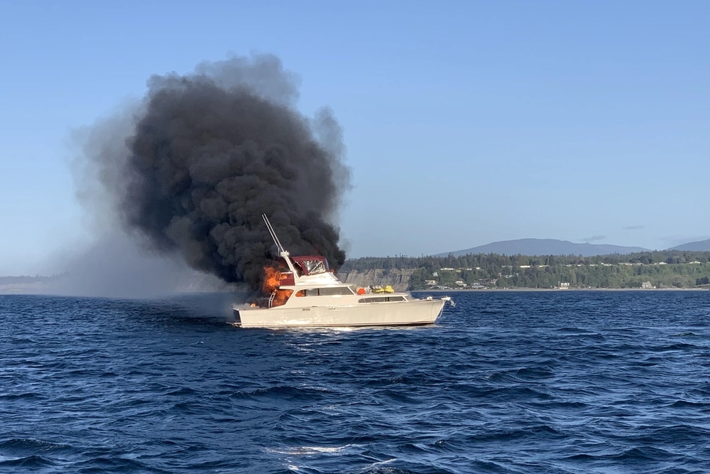 fishing boat on fire