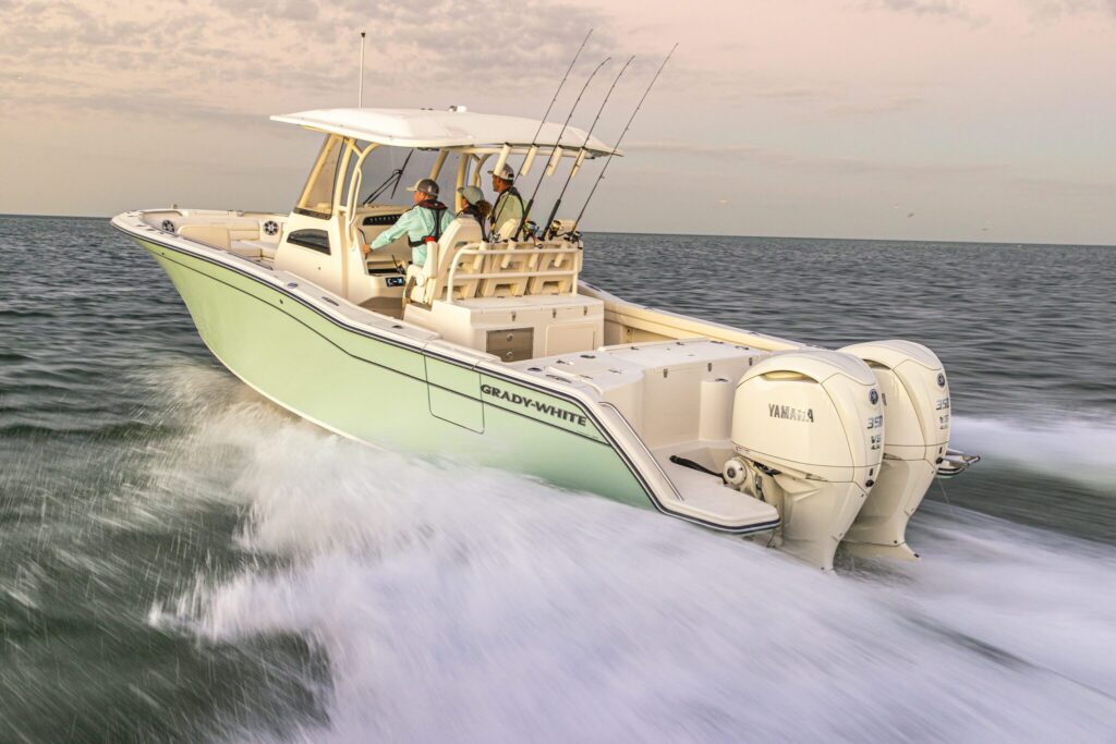 center console boat with twin Yamaha 350 hp outboards