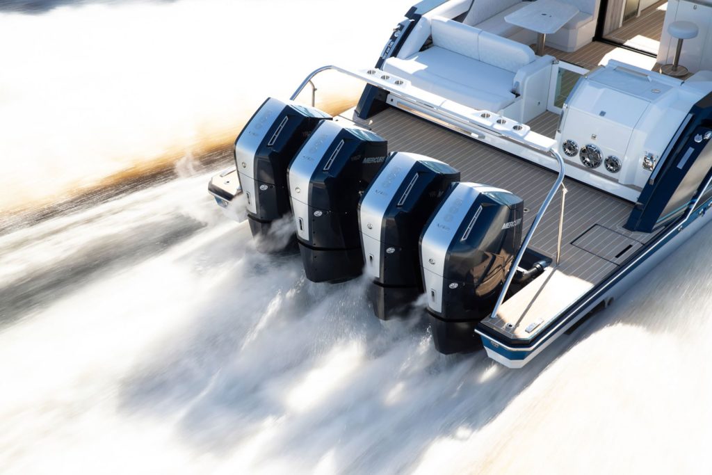 Quad Mercury 600hp Verado outboards on the back of a boat
