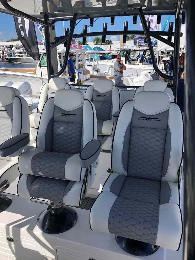 Invincible 46 Cat seating under the hardtop
