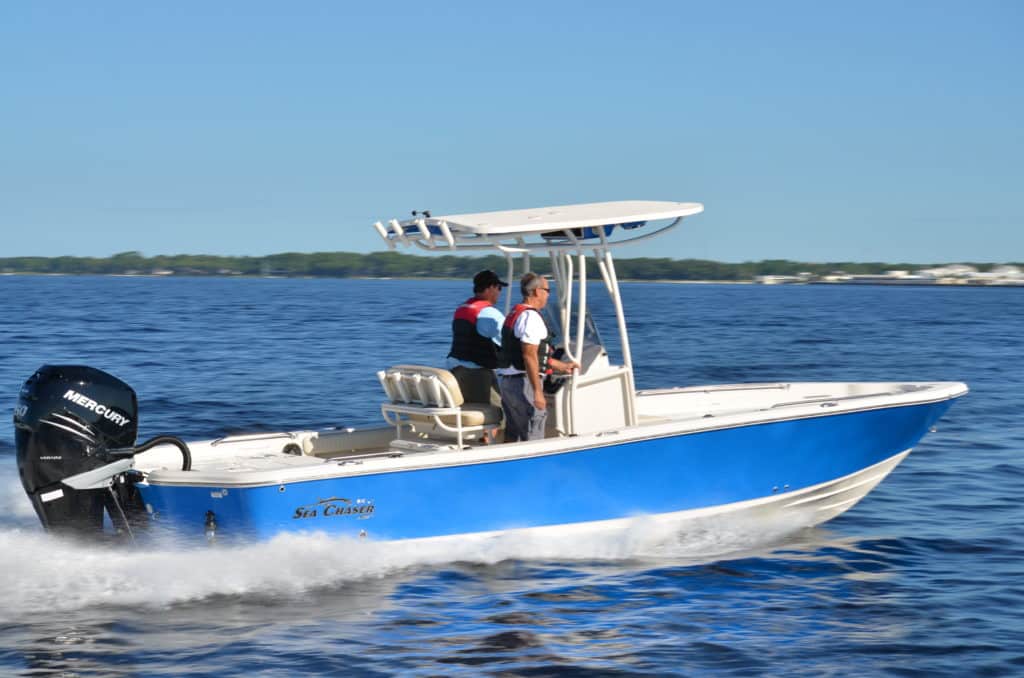 The Sea Chaser 26 LX has two more livewells, one under the forward console seat, and a larger one with a clear lid to monitor your bait, or your catch if fishing a release tournament.