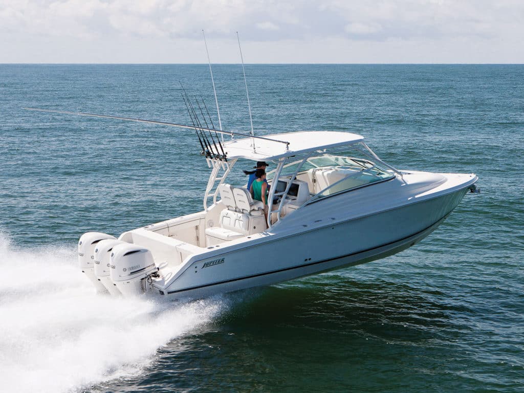 The Jupiter 34 LX is tailored for serious angling and long offshore runs, with roomy, well-appointed quarters below deck to overnight in comfort.