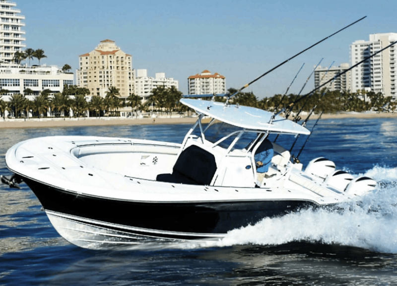 Quick specs. LOA: 34'0"  Beam: 10'6"  Fuel Capacity: 300 gal.   Max HP: 900
