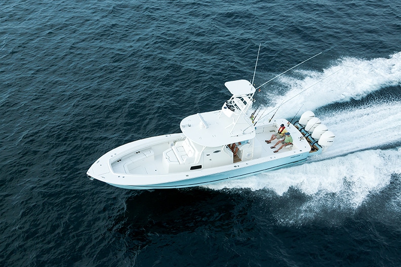 Quick specs. LOA: 41'3"  Beam: 12'6"  Fuel Capacity: 600 gal  Max HP: 1,400