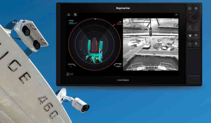 SWS0422-ELC-Raymarine-DockSense-Alert-and-CAM210IP Raymarine Docksense camera system mounted on boat