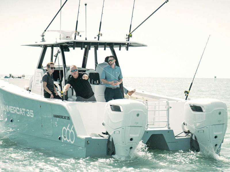 SWS324-BT-Cox350-1 Cox Marine outboards on a catamaran