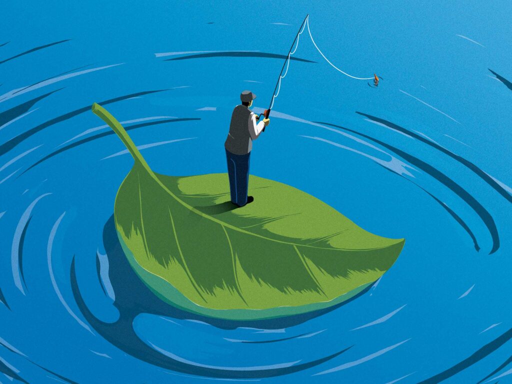 Angler fishing on a leaf