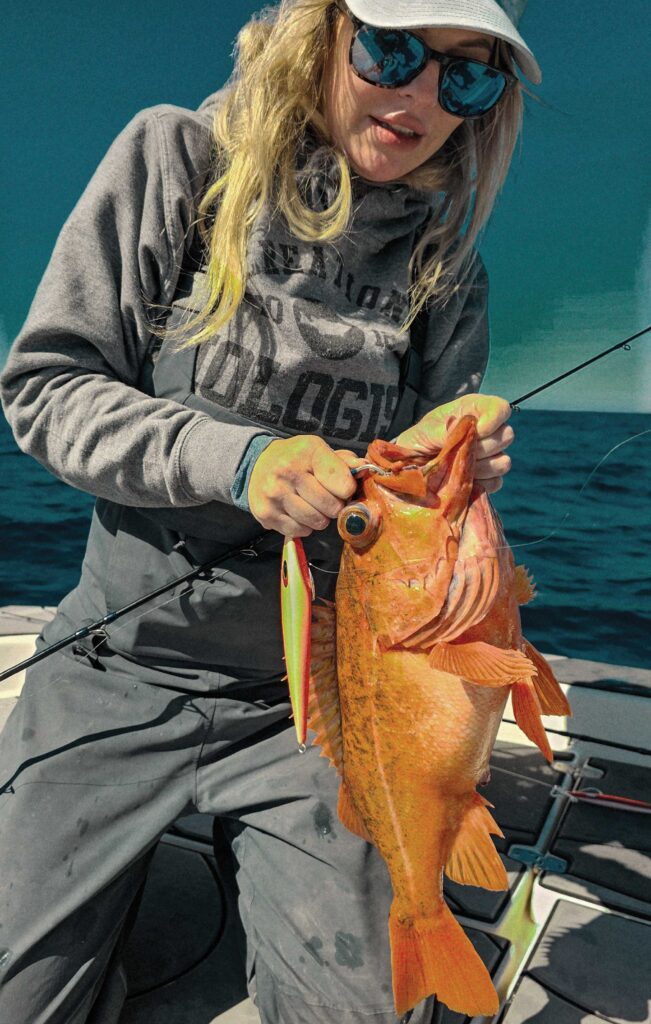 Unhooking a large rockfish