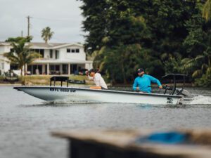 Newport electric motor on a skiff.