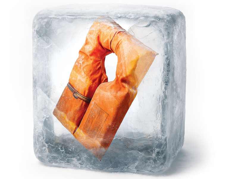 Life jacket in an ice block