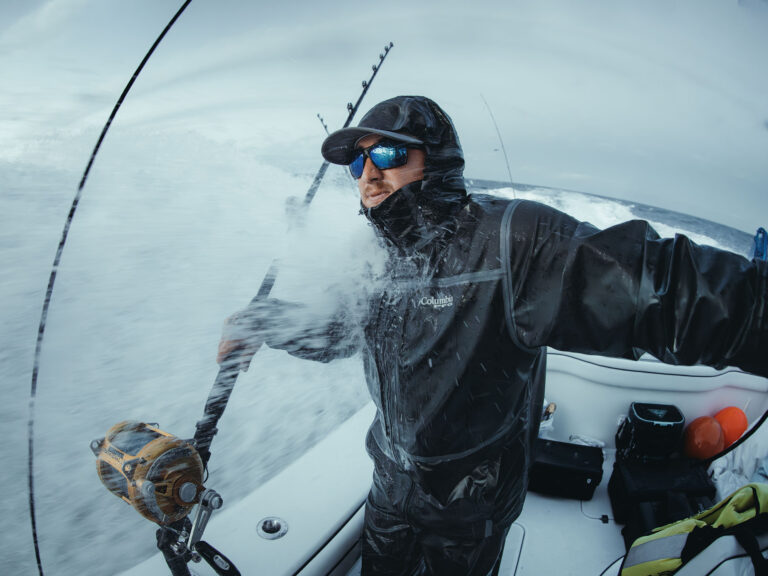 Angler wearing Columbia rain gear