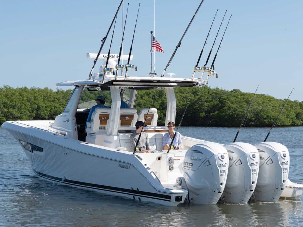 Pursuit S 388 at anchor