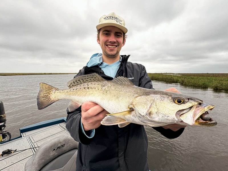SWS226-Louisiana-2 Large speckled trout caught in Louisiana bayou